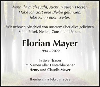 Traueranzeige von Florian Mayer  von Magdeburger Volksstimme