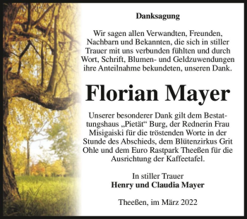 Traueranzeige von Florian Mayer  von Magdeburger Volksstimme