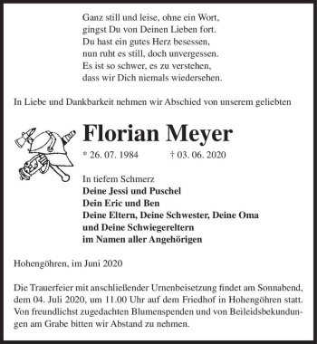 Traueranzeige von Florian Meyer  von Magdeburger Volksstimme