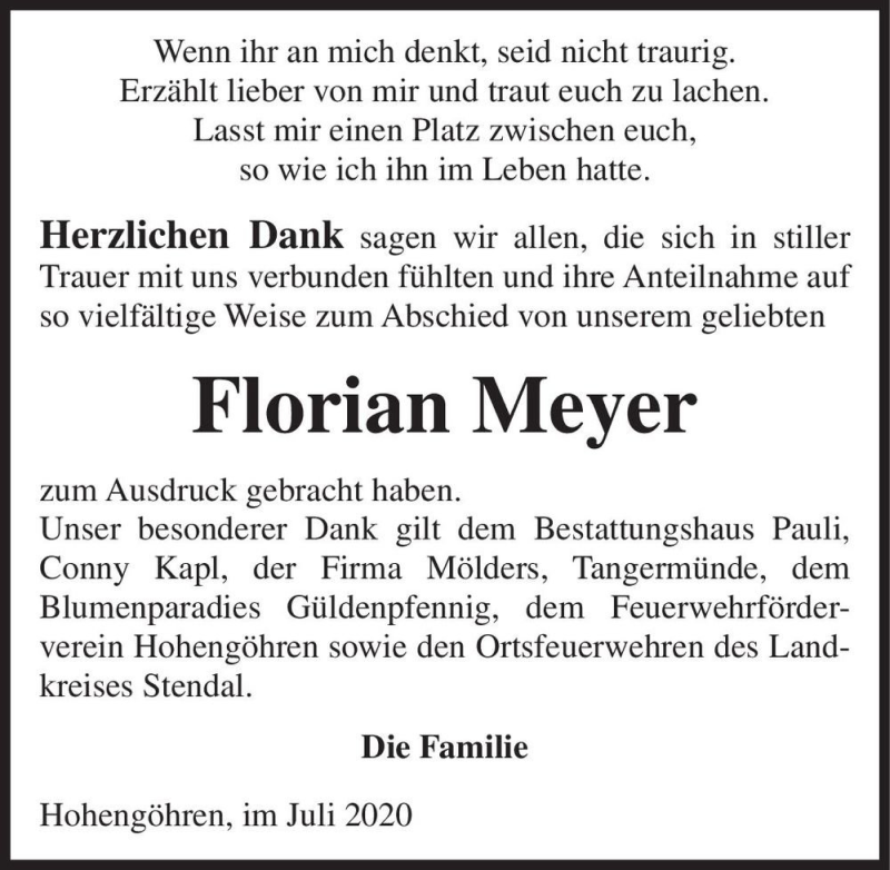  Traueranzeige für Florian Meyer  vom 18.07.2020 aus Magdeburger Volksstimme