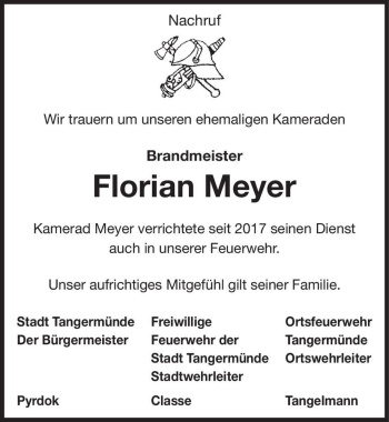 Traueranzeige von Florian Meyer  von Magdeburger Volksstimme