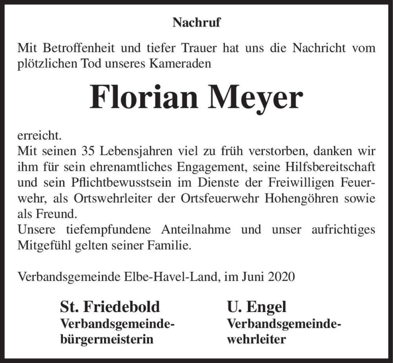  Traueranzeige für Florian Meyer  vom 27.06.2020 aus Magdeburger Volksstimme