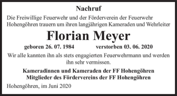 Traueranzeige von Florian Meyer  von Magdeburger Volksstimme