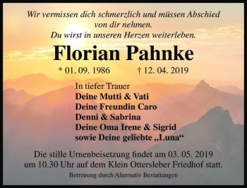Traueranzeige von Florian Pahnke  von Magdeburger Volksstimme