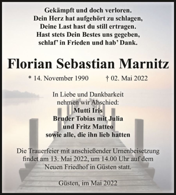 Traueranzeige von Florian Sebastian Marnitz  von Magdeburger Volksstimme