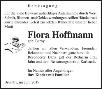Traueranzeige von Flroa Hoffmann (geb. Barby)  von Magdeburger Volksstimme