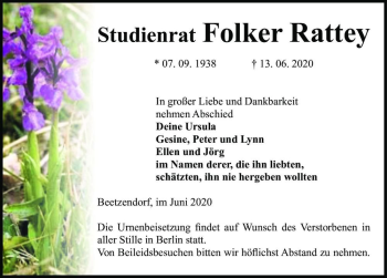 Traueranzeige von Folker Rattey  von Magdeburger Volksstimme