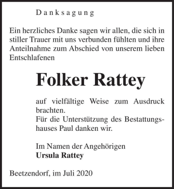 Traueranzeige von Folker Rattey  von Magdeburger Volksstimme
