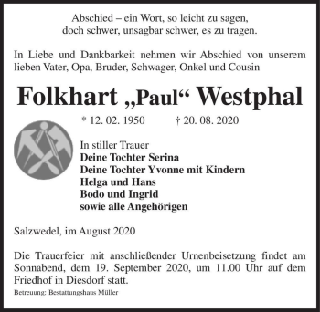Traueranzeige von Folkhart Westphal  von Magdeburger Volksstimme