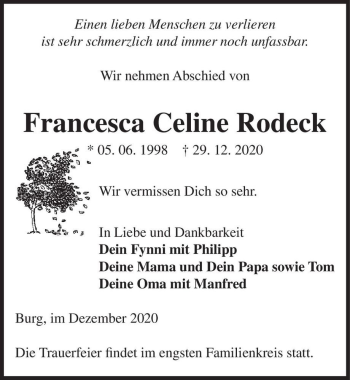 Traueranzeige von Francesca Celine Rodeck  von Magdeburger Volksstimme