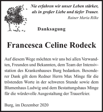 Traueranzeige von Francesca Celine Rodeck  von Magdeburger Volksstimme