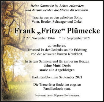 Traueranzeige von Frank ,,Fritze