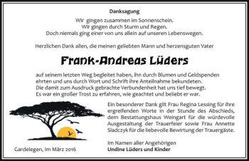 Traueranzeige von Frank-Andreas Lüders  von Magdeburger Volksstimme