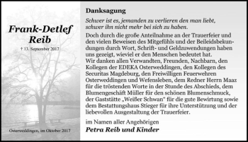 Traueranzeige von Frank-Detlef Reib  von Magdeburger Volksstimme