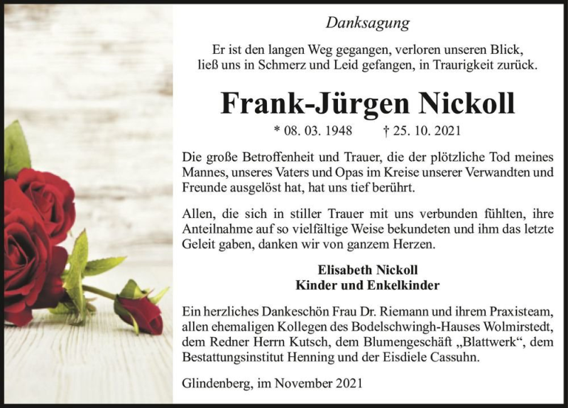  Traueranzeige für Frank-Jürgen Nickoll  vom 20.11.2021 aus Magdeburger Volksstimme