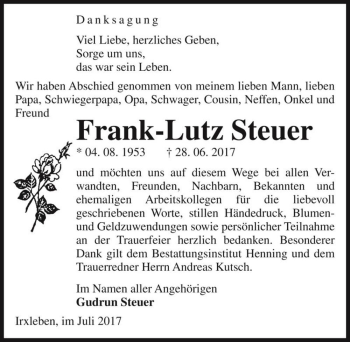 Traueranzeige von Frank-Lutz Steuer  von Magdeburger Volksstimme