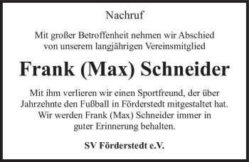 Traueranzeige von Frank (Max) Schneider  von Magdeburger Volksstimme