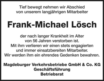 Traueranzeige von Frank-Michael Lösch  von Magdeburger Volksstimme