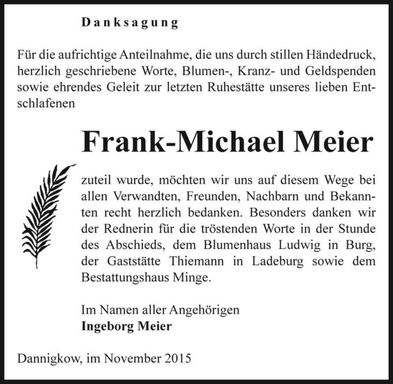  Traueranzeige für Frank-Michael Meier  vom 21.11.2015 aus Magdeburger Volksstimme
