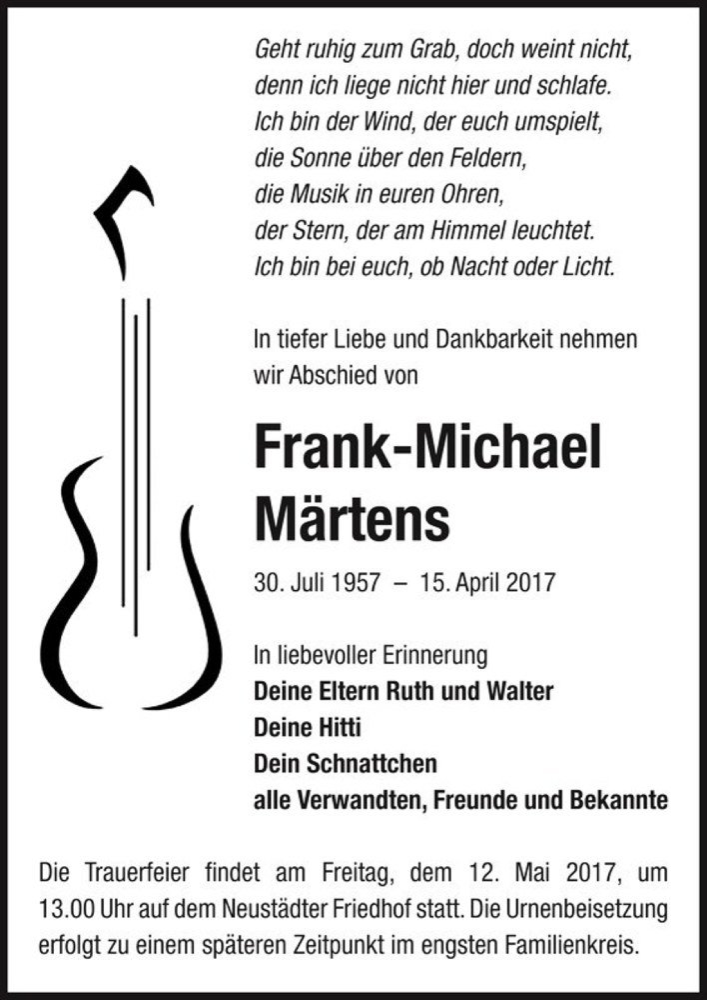  Traueranzeige für Frank-Michael Märtens  vom 29.04.2017 aus Magdeburger Volksstimme