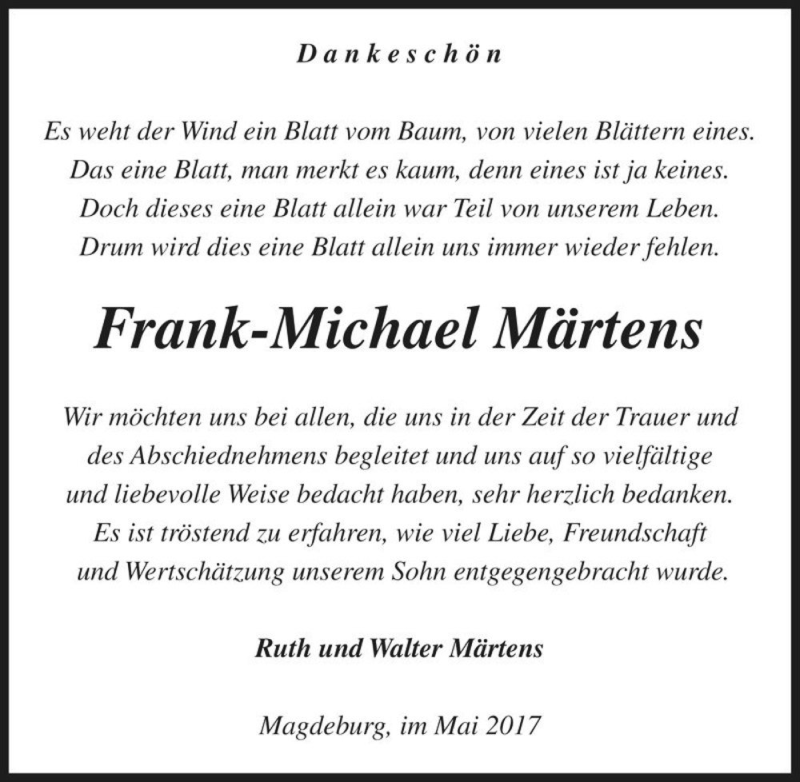  Traueranzeige für Frank-Michael Märtens  vom 20.05.2017 aus Magdeburger Volksstimme
