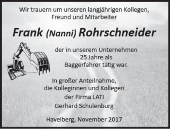 Traueranzeige von Frank (Nanni) Rohrschneider  von Magdeburger Volksstimme