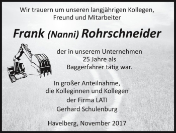Traueranzeige von Frank (Nanni) Rohrschneiderder  von Magdeburger Volksstimme