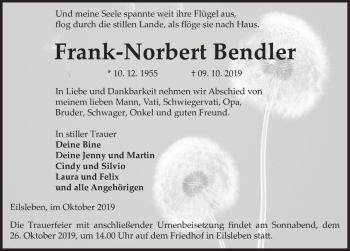 Traueranzeige von Frank-Norbert Bendler  von Magdeburger Volksstimme