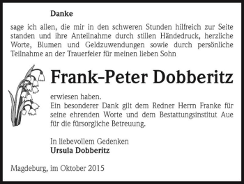 Traueranzeige von Frank-Peter Dobberitz  von Magdeburger Volksstimme