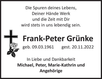 Traueranzeige von Frank-Peter Grünke  von Magdeburger Volksstimme