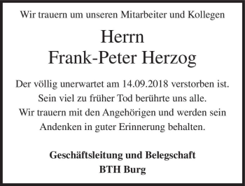Traueranzeige von Frank-Peter Herzog  von Magdeburger Volksstimme