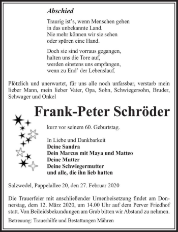 Traueranzeige von Frank-Peter Schröder  von Magdeburger Volksstimme