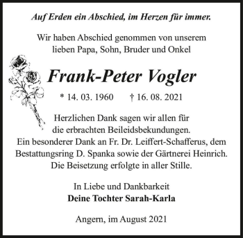 Traueranzeige von Frank-Peter Vogler  von Magdeburger Volksstimme