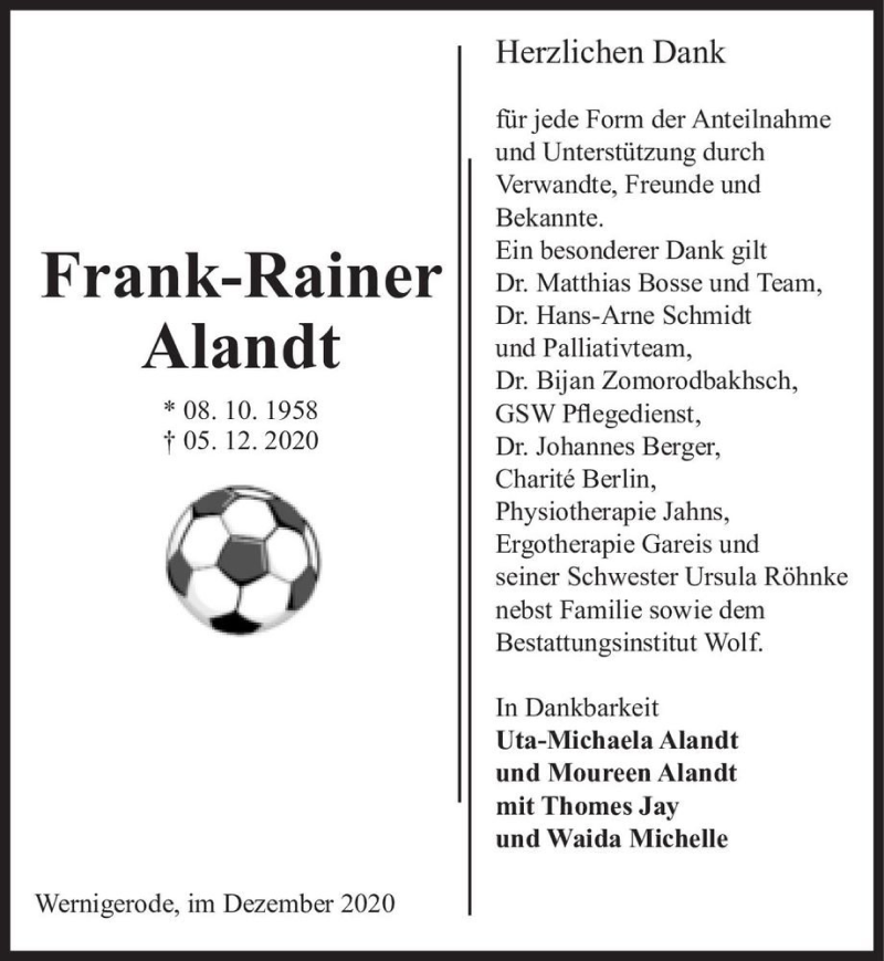  Traueranzeige für Frank-Rainer Alandt  vom 12.12.2020 aus Magdeburger Volksstimme