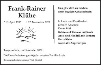 Traueranzeige von Frank-Rainer Klühe  von Magdeburger Volksstimme