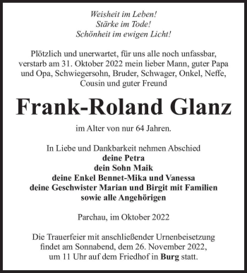 Traueranzeige von Frank-Roland Glanz  von Magdeburger Volksstimme