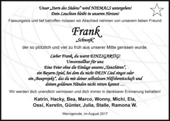 Traueranzeige von Frank 