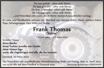 Traueranzeige von Frank 