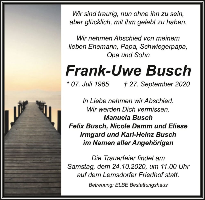  Traueranzeige für Frank-Uwe Busch  vom 10.10.2020 aus Magdeburger Volksstimme