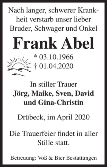 Traueranzeige von Frank Abel  von Magdeburger Volksstimme