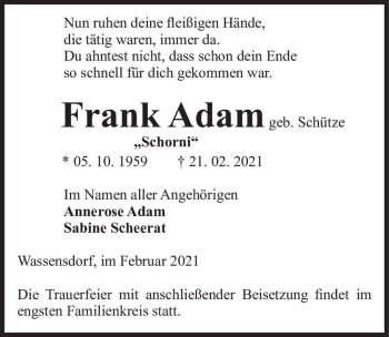 Traueranzeige von Frank Adam (geb. Schütze) 