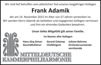Traueranzeige von Frank Adamik  von Magdeburger Volksstimme