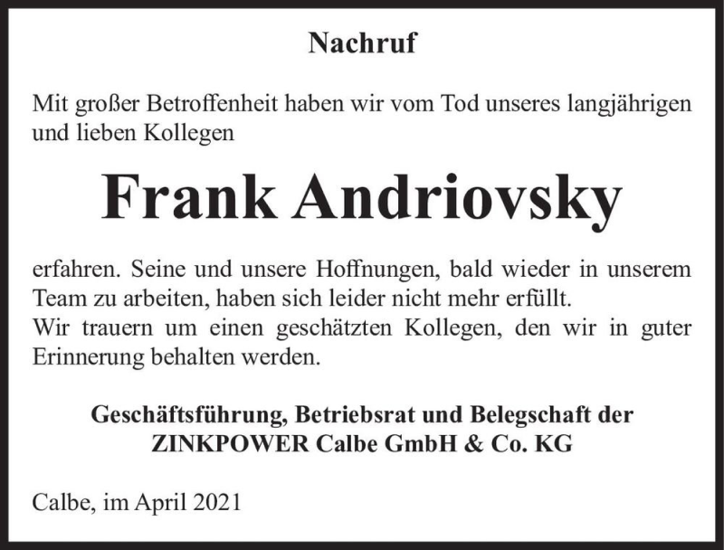  Traueranzeige für Frank Andriovsky  vom 17.04.2021 aus Magdeburger Volksstimme