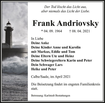 Traueranzeige von Frank Andriovsky  von Magdeburger Volksstimme