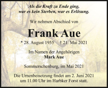 Traueranzeige von Frank Aue  von Magdeburger Volksstimme