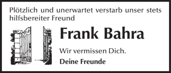 Traueranzeige von Frank Bahra  von Magdeburger Volksstimme