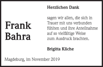 Traueranzeige von Frank Bahra  von Magdeburger Volksstimme