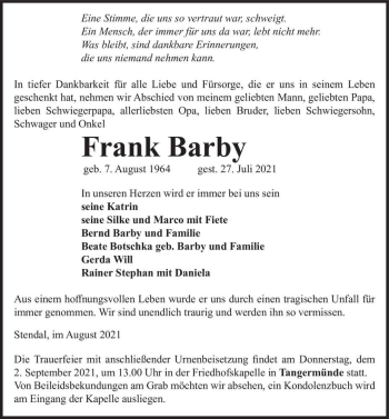 Traueranzeige von Frank Barby  von Magdeburger Volksstimme