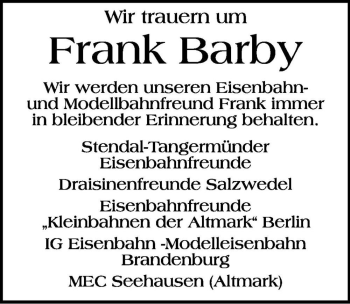 Traueranzeige von Frank Barby  von Magdeburger Volksstimme