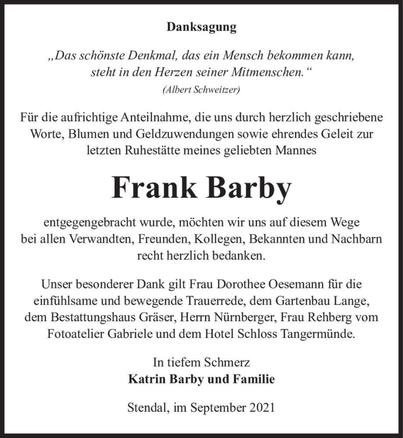 Traueranzeige für Frank Barby  vom 11.09.2021 aus Magdeburger Volksstimme